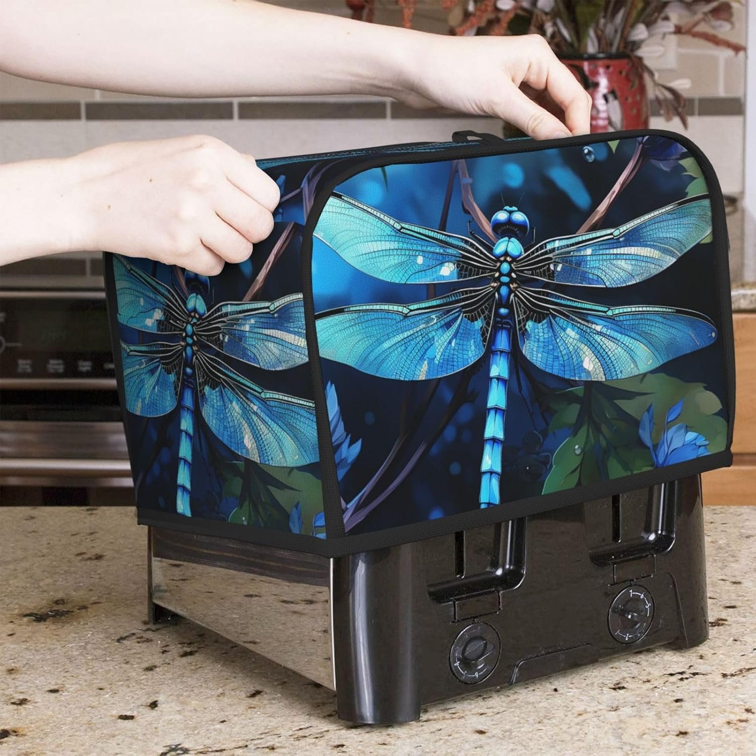 トースターカバー2スライス、アートブルートンボブレッドトースターオーブンカバーオーブンカバー洗濯可能トースターカバー小型家電カバー耐熱皿プロテクター - 이미지 7