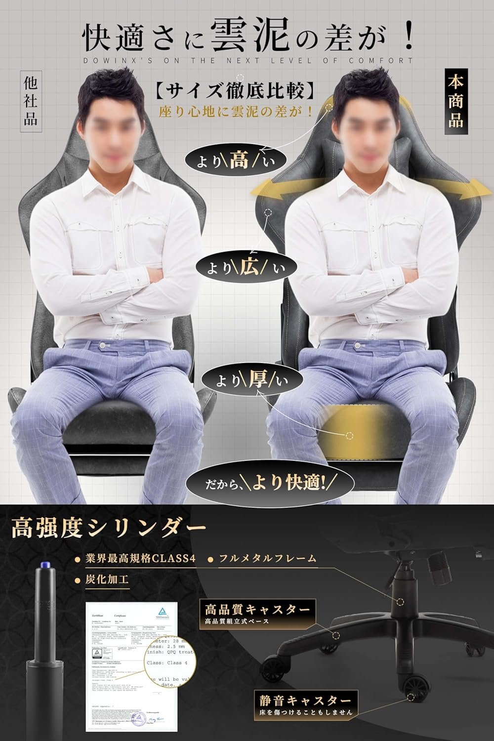 Dowinx Office Chair、ゲームチェア、コンピューターチェア、デスクチェア、リクライニングチェア、拡張可能なオットマン、中世ヨーロッパPUレザー、腰痛機能、腰痛の緩和、調整可能な腰部サポート、グレー - 이미지 7