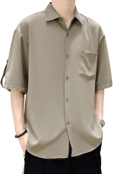 Foveitaa Men’s Summer Shirt、半袖、ハーフスリーブ、大きなサイズ、ルーズフィット、アイスシルク、クール、クール、ビジネス、カジュアル、シンプル、スタイリッシュ、快適、軽量、柔らかい、ソフトカラー、クール、ファッショナブル