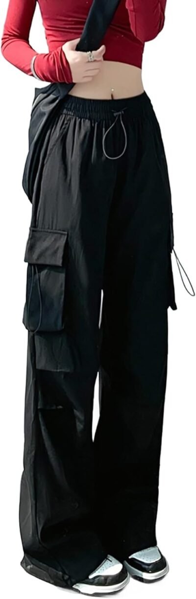 Fourfivesix Haru Women’s Cargo Pants、幅、長いズボン、ゆるいフィット感、ポケット、薄い、ヒップホップ、ダンス、クール、ストリートスタイル、ボトム、カジュアル、春、夏、夏、秋、プレーン