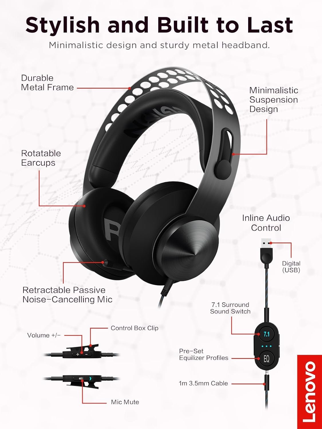 Lenovo Legion H500 Pro 7.1サラウンドサウンドゲーミングヘッドセット、ノイズキャンセルマイク、メモリフォーム&PUレザーイヤーカップ、ステンレススチールヘッドバンド、PC、PS4、Xbox One、Nintendo Switch、GXD0T69864、Black - 이미지 6