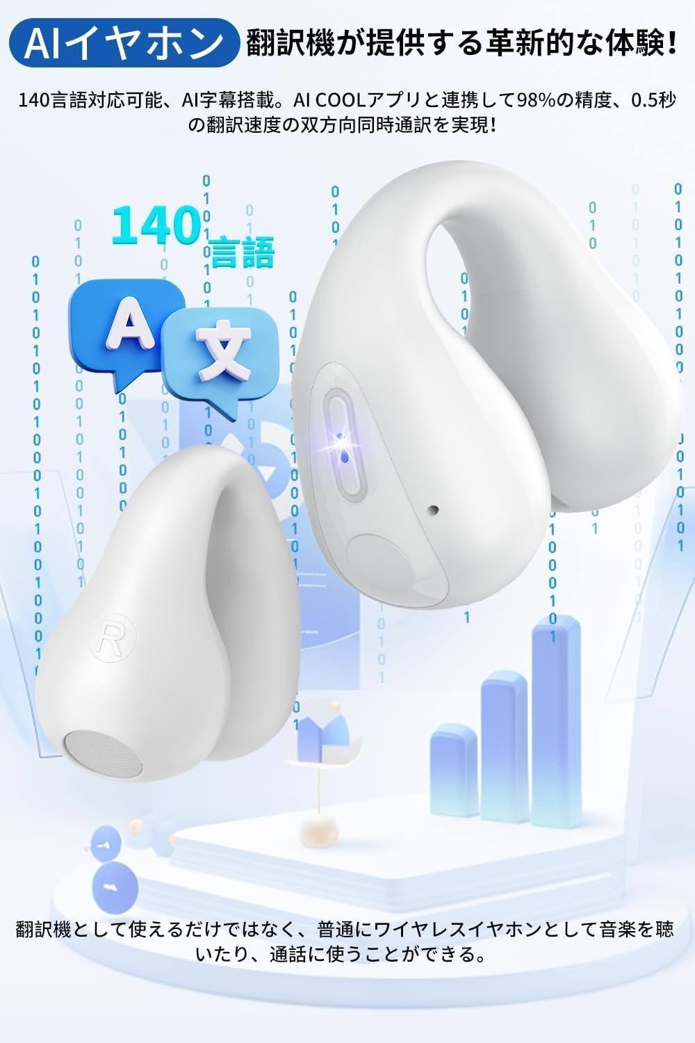 Bluetoothイヤホン、Bluetooth(2025改善されたモデルイヤホン、翻訳者)、双方向の同時解釈、耳のブロックなし、ワイヤレスイヤホン、140の言語、音声翻訳者、ハイサポート - 이미지 2