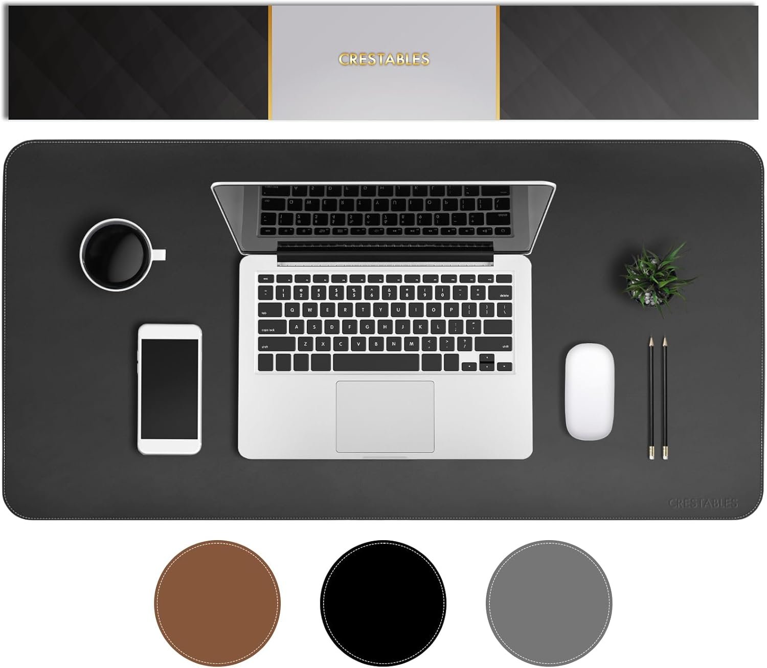 クレスタブルデスクマットラージマウスパッドPUレザーバックスエードオフィスホーム(90x40cm)ブラック(黒)