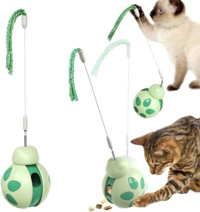 Llikzio Cat Toy、シングルプレイ、教育おもちゃ、自動フィーダー、猫のおもちゃ、fottero-okinaタイプ、スローフィーダー、2インチ(緑)、食品グレードABS、高回復力猫棒 +転倒予防設計、ストレス