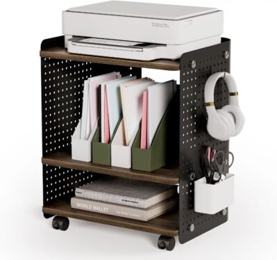 キャスター、サイドワゴン、プリンターラック、デスクワゴン、幅17.7インチ（45 cm）、可動棚、ペグボードが含まれている、3レベル、大容量貯蔵、荷重容量110.2ポンド（50 kg）を備えたフェンジプリンタースタンド