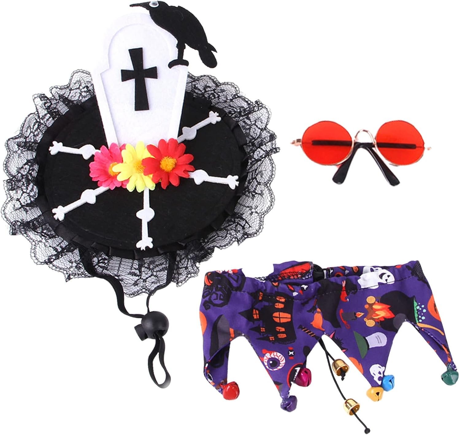 ペットコスプレコスチューム、ポータブルハロウィーン猫コスプレ服3ピースセット、多機能ペットハロウィーンアパレル興味深いハロウィーンペットデコレーション