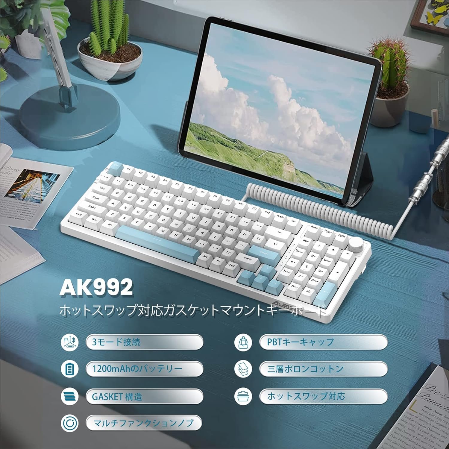 A.Jazz AK992メカニカルゲーミングキーボードBT5.0 /ワイヤレス2.4G /ワイヤードタイプCサイドスライドスイッチレッド軸99キーホットプラグデザインガスケット構造ボリューム付きキーボードボリュームノブカスタムコンピューターキーボード - 이미지 3