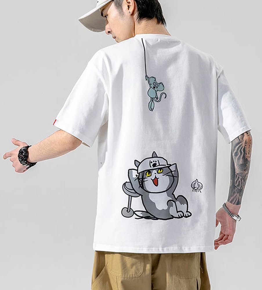 FJLTDCP 夏 Tシャツ メンズ 半袖 かわいい 猫服 人気 ロングTシャツ 大きいサイズ ゆったり 猫柄 可愛い 面白い ストリート 夏服 おしゃれ - 이미지 3