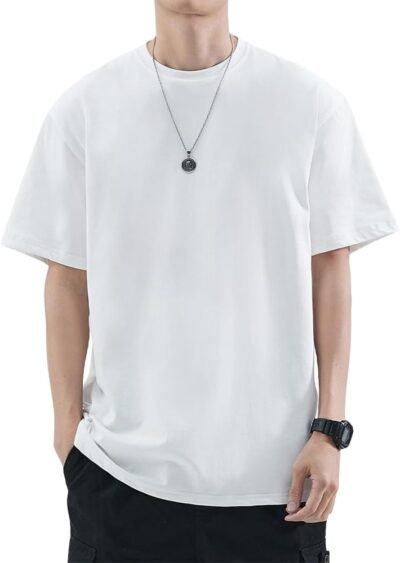 Fuyumoeメンズ半袖のクイックドライTシャツ、固体、夏の服、丸い首、流行、耐久性、ゆるい、厚い、半分の半袖、100%綿、7.4オンス、古典的な内側の層
