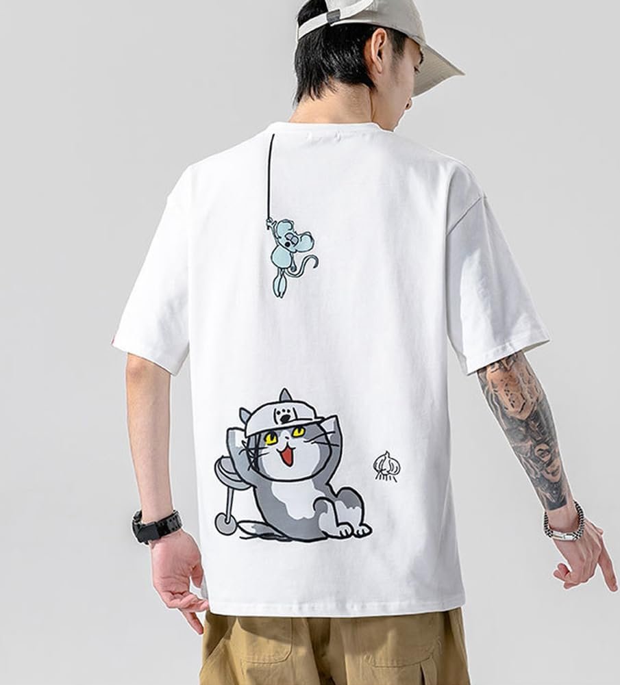 FJLTDCP 夏 Tシャツ メンズ 半袖 かわいい 猫服 人気 ロングTシャツ 大きいサイズ ゆったり 猫柄 可愛い 面白い ストリート 夏服 おしゃれ - 이미지 5