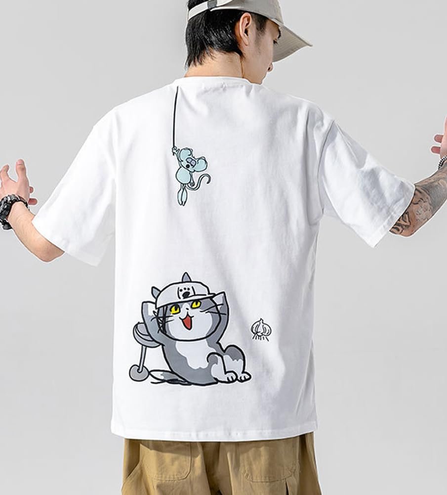 FJLTDCP 夏 Tシャツ メンズ 半袖 かわいい 猫服 人気 ロングTシャツ 大きいサイズ ゆったり 猫柄 可愛い 面白い ストリート 夏服 おしゃれ - 이미지 4