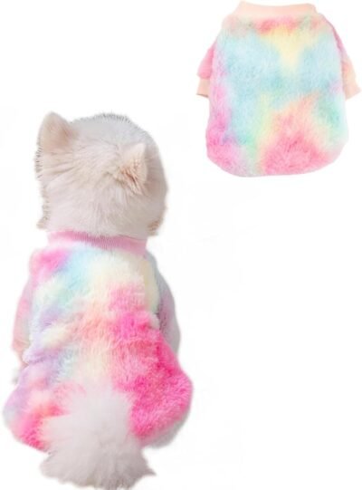 ウシア小型犬用の犬のセーター少女の少年、冬の暖かいふわふわの虹の犬服小犬チワワヨーキーティーカップ、ペットコート、猫アパレルの衣装