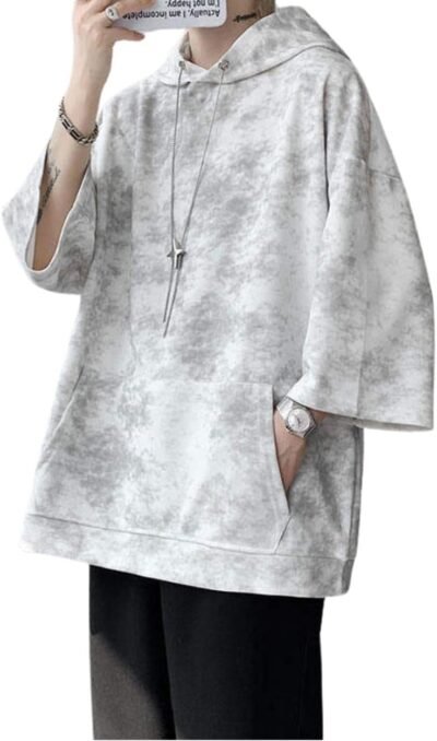 foveitaa メンズ パーカー 夏服 七分袖 Tシャツ 大きいサイズ ゆったり おしゃれ タイダイデザイン フード付き 薄手 涼しい素材 アウトドア カジュアル ポケット付き プルオーバーシャツ