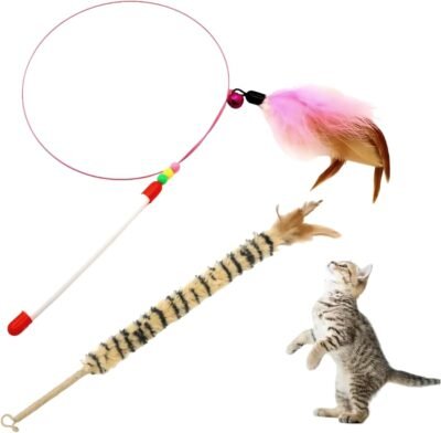 ULcomlife 猫用スプール 2個セット 猫用おもちゃ 80cm超ロングワイヤー×天然ジュートロッド 天然羽根&鈴付き 運動不足解消 ストレス解消 耐久性 無添加