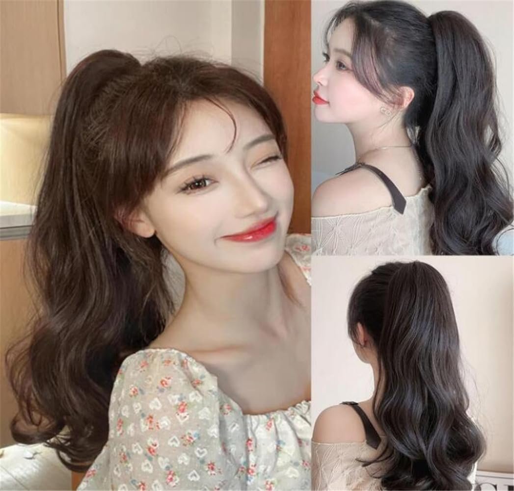 ポニーテールエクステンション、クリップオンウィッグ、ロングポニーテールウィッグ、巻き毛、ポイントウィッグ、カール、長さ19.7インチ(50 cm)、耐熱性、天然のワンタッチエクステンション、ポイントウィッグ(茶色) - 이미지 4