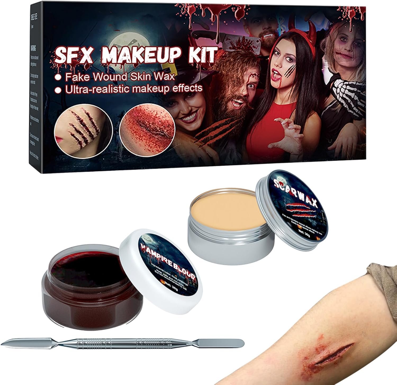 ハロウィンメイクアップキット – スカーワックス付きハロウィーン特殊効果メイクアップキット、大人用のリアルなボディペインティング、男性と女性用のゾンビの鼻と傷のコスチューム、カーニバルやトリックオアに最適 - 이미지 8