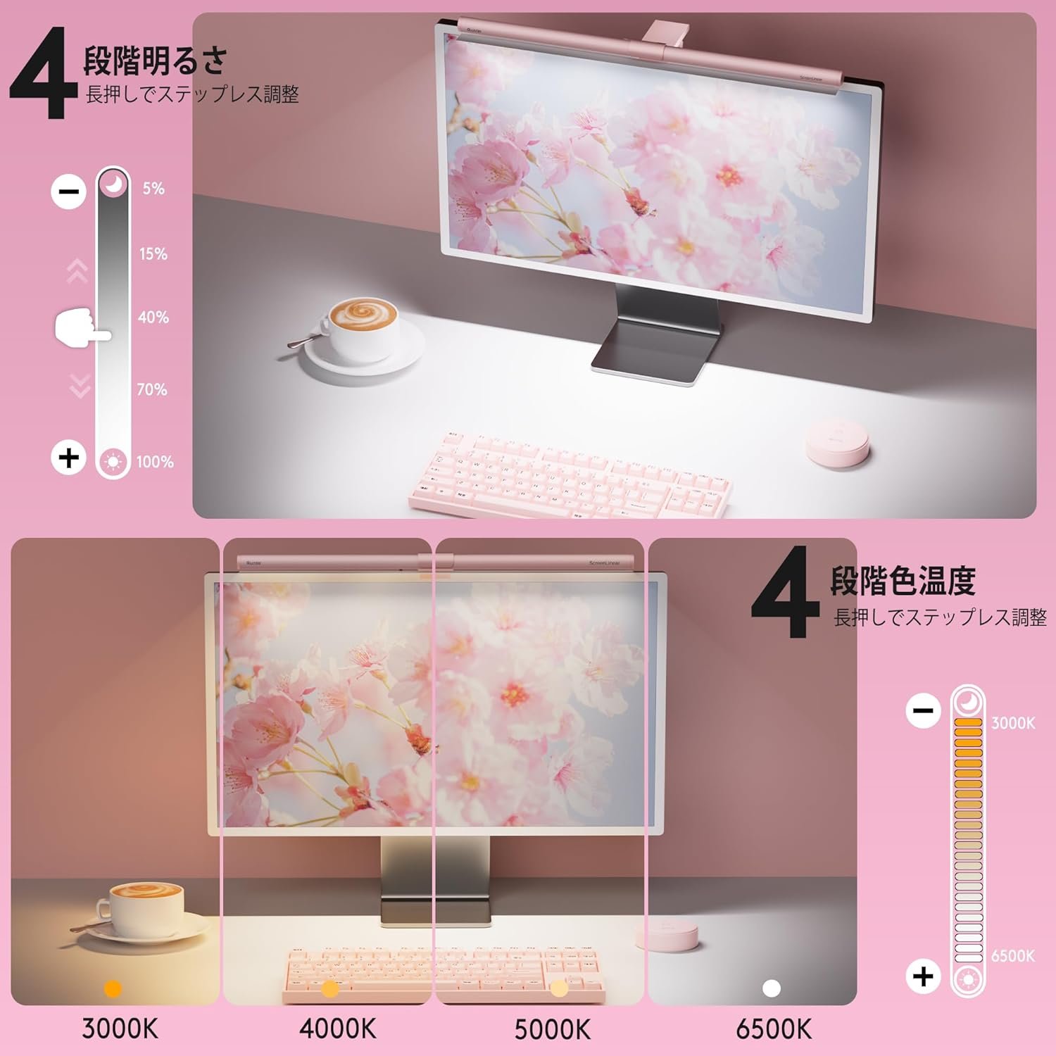 Quntis モニターライト 51cm ピンク 15色モード リモコン付き デスクライト モニターマウントライト - 이미지 4