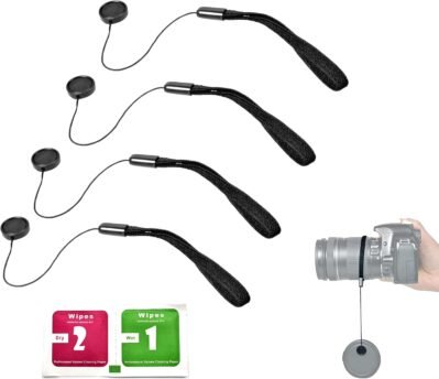 カメラ レンズキャップ 落下防止 ストラップ 紛失防止 ラバーホルダー 4個セット + 液晶画面クリーニングシート(2枚入/乾湿両用) Canon Nikon PENTAX/Panasonic OLYMPUS/Sony 一眼レフ ミラーレス用 コンパクト