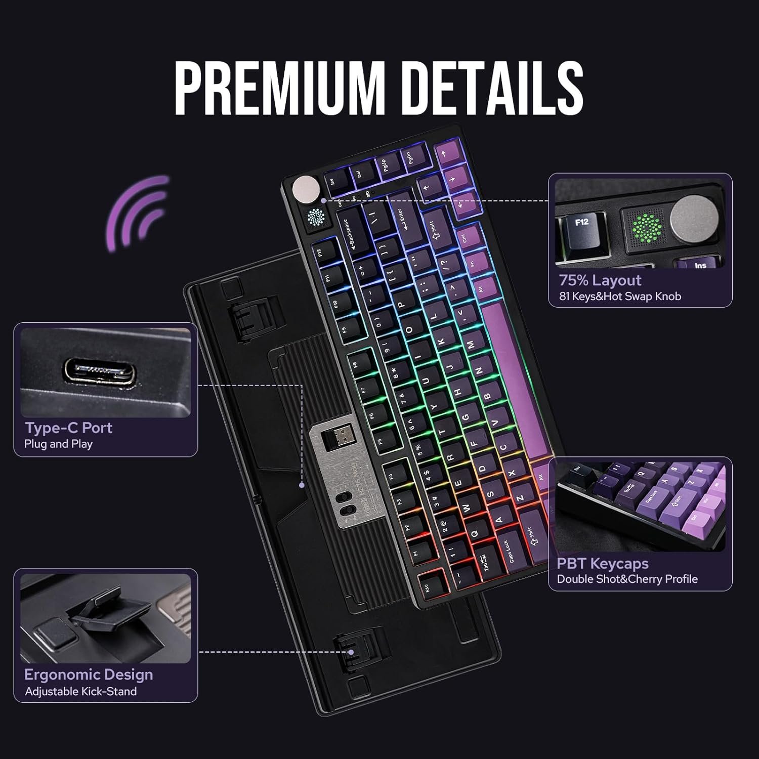 EPOMAKER HE75 Wireless Gaming Keyboard with Hall Effect Switch and Changeable Knob Module Adjustable Rapid Trigger Magnetic Keyboard 2.4G/Bluetooth Keyboard with RGB Backlight (Black Purple) - 이미지 7
