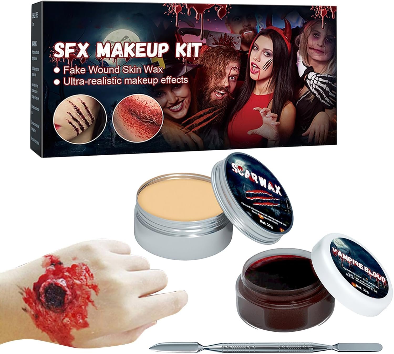 ハロウィンメイクアップキット – スカーワックス付きハロウィーン特殊効果メイクアップキット、大人用のリアルなボディペインティング、男性と女性用のゾンビの鼻と傷のコスチューム、カーニバルやトリックオアに最適