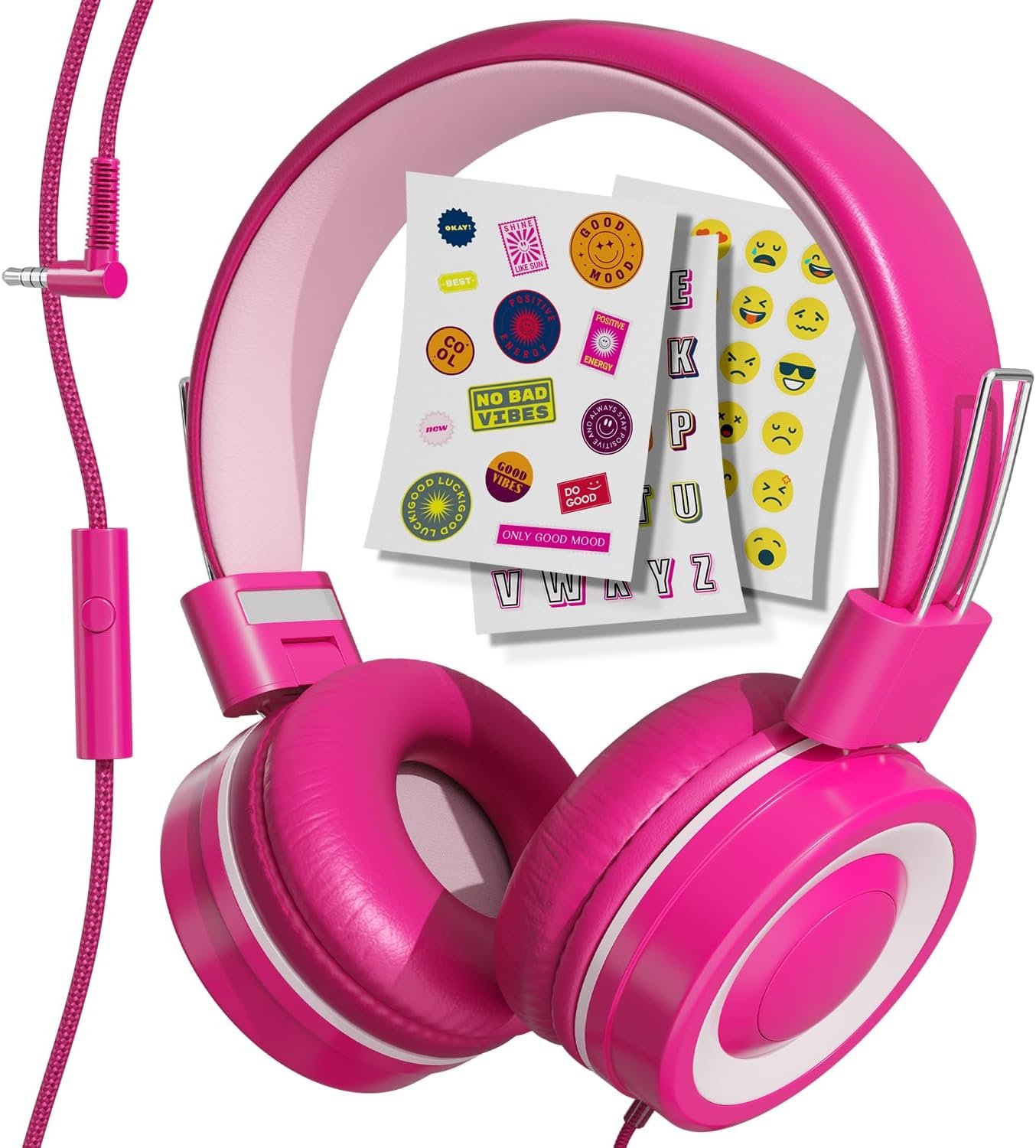 MYZI キッズヘッドフォン コード付き折りたたみ式オーバーイヤーヘッドフォン マイク付き もつれ防止 有線 85dB 安全音量 幼児用ヘッドフォン iPad、学校、飛行機用 - ピンク