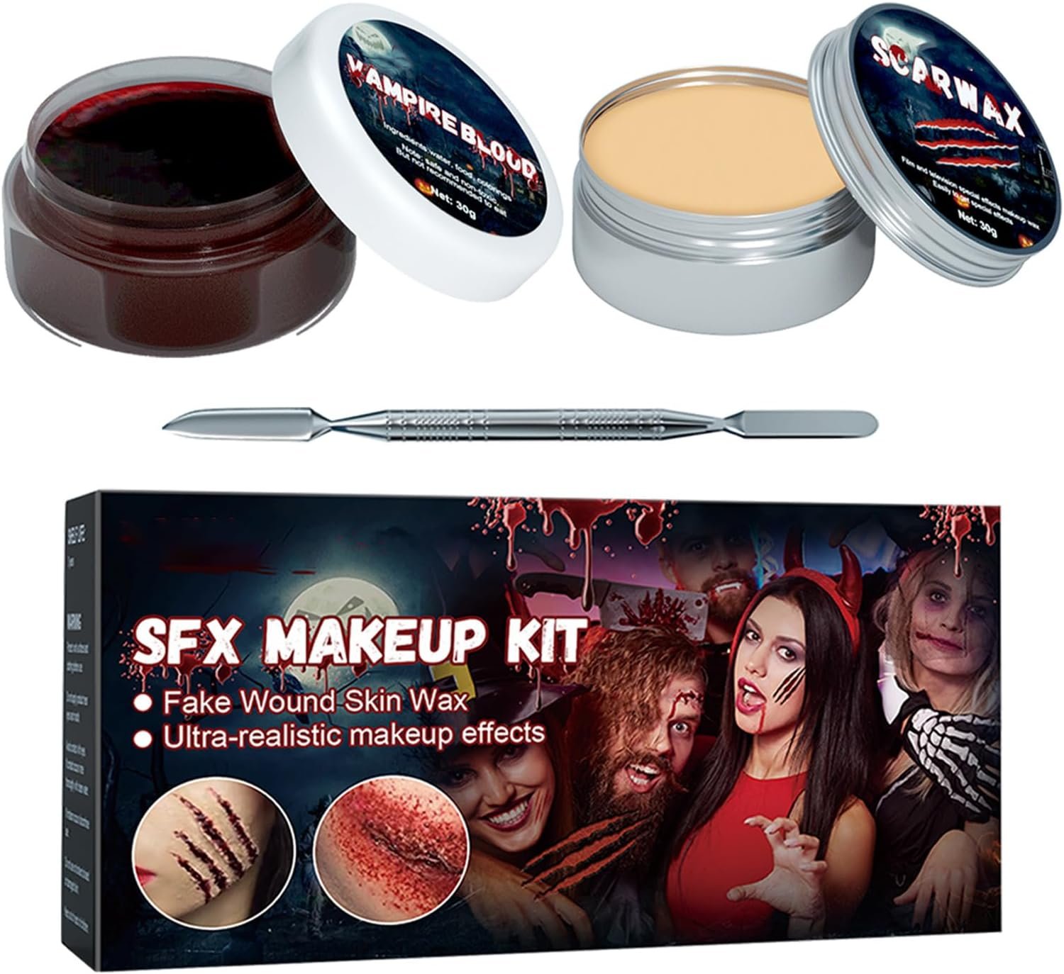 ハロウィンメイクアップキット – スカーワックス付きハロウィーン特殊効果メイクアップキット、大人用のリアルなボディペインティング、男性と女性用のゾンビの鼻と傷のコスチューム、カーニバルやトリックオアに最適 - 이미지 9