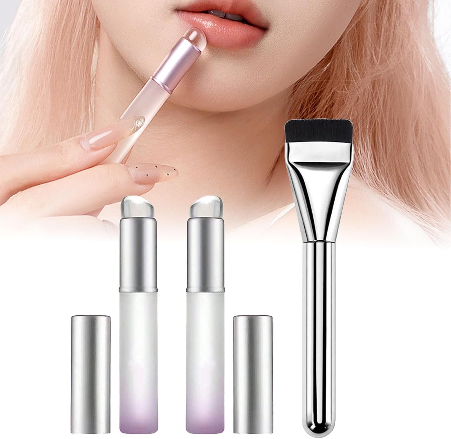 Sellerian シリコン リップブラシ 3本セット 丸頭 ファンデーションブラシ付き シリコン メイクアップ 軽量 カバー付き メイクアップ 口紅 アイシャドウ チーク用 肌に優しい 使いやすい 簡単