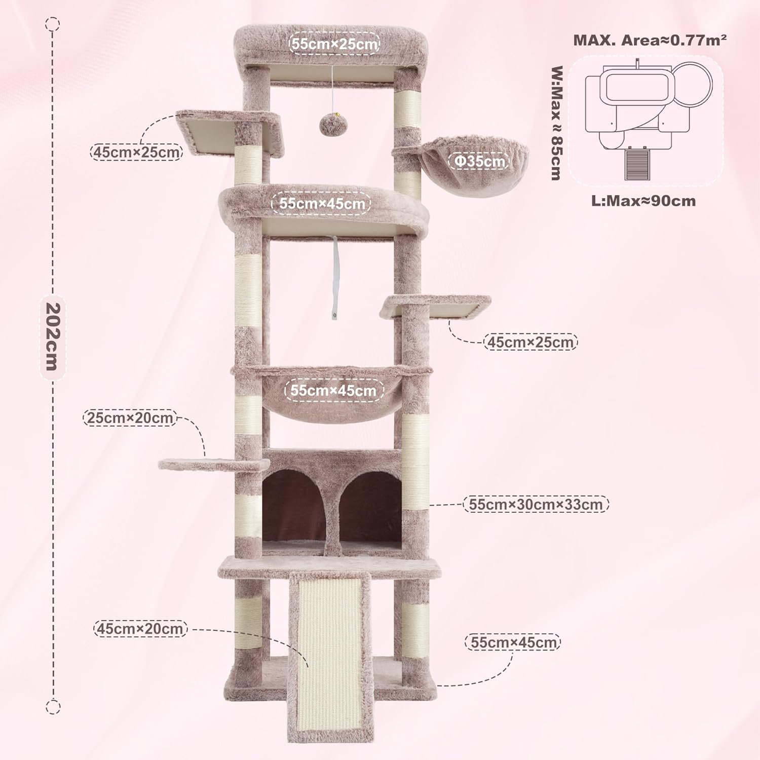 Heybly キャットタワー 大型猫用 高さ202cm 据え置き型 多頭飼いに最適 安定性が高い 超大型ファンプラットフォーム&広々吊り下げベッド付き 猫 HCT038MU - 이미지 6