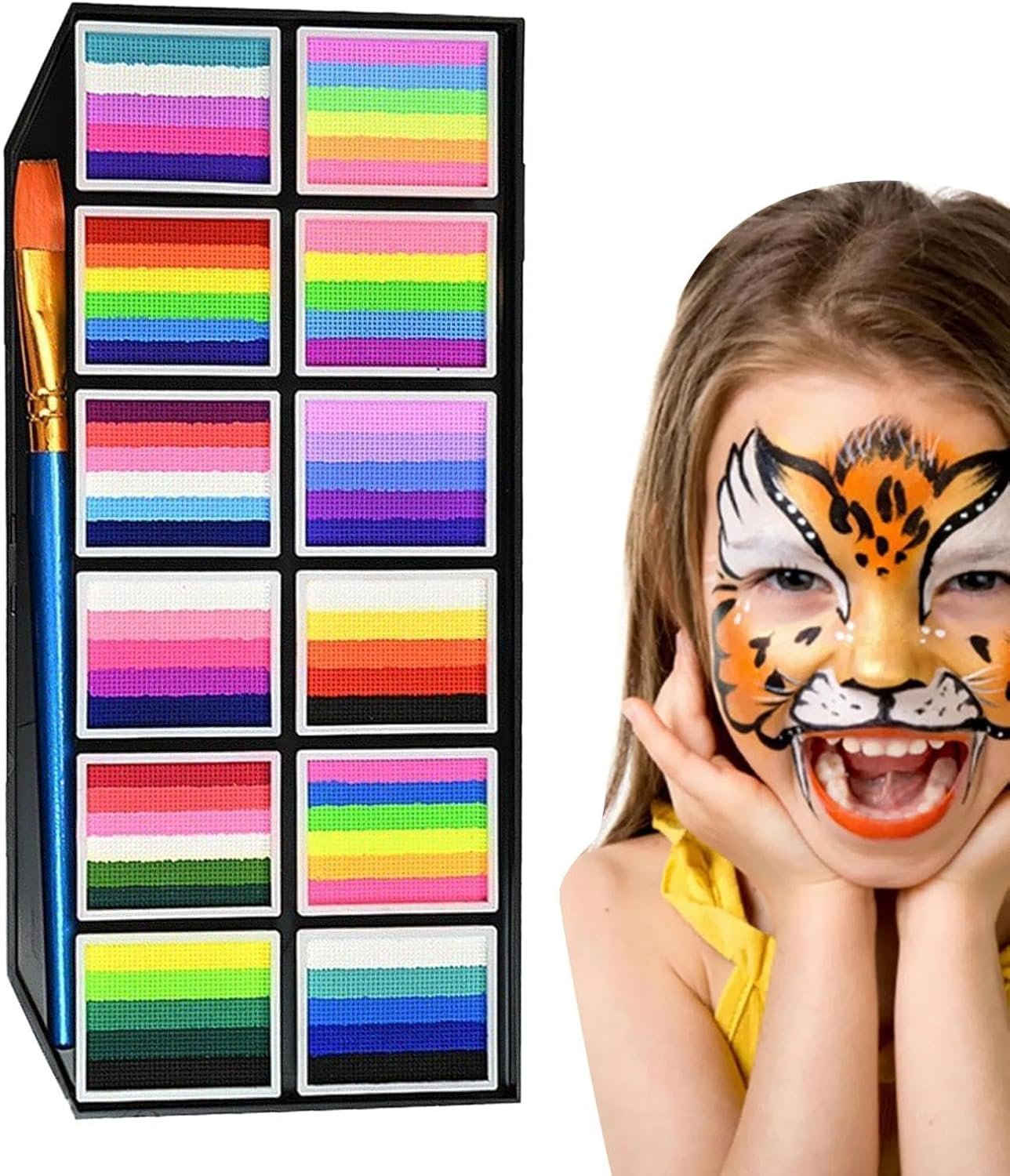フェイスペインティングキット 大人用プロフェッショナルボディペイント |水性 洗える 長持ち 12 グリッド フェスティバル スポーツ シアター ガールズ コスプレ 女性 ハロウィン フェイスペインティング キット ブラシ メイクアップ マーカー付き
