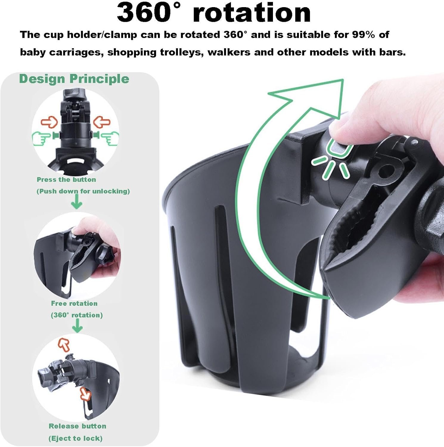 ベビーカー用ドリンクホルダー、カート用カップホルダー - スクータードリンクホルダー、多機能ベビーカーカップホルダー、ベビーカー、車椅子、歩行器、スクーター用の360°回転可能なカップホルダー - 이미지 8