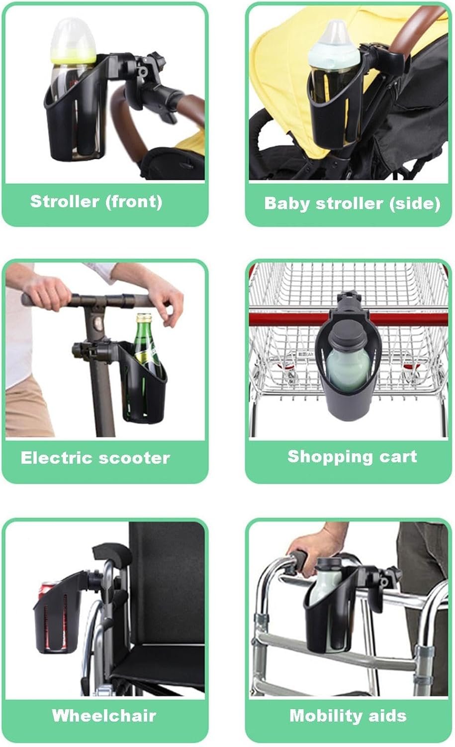 ベビーカー用ドリンクホルダー、カート用カップホルダー - スクータードリンクホルダー、多機能ベビーカーカップホルダー、ベビーカー、車椅子、歩行器、スクーター用の360°回転可能なカップホルダー - 이미지 5