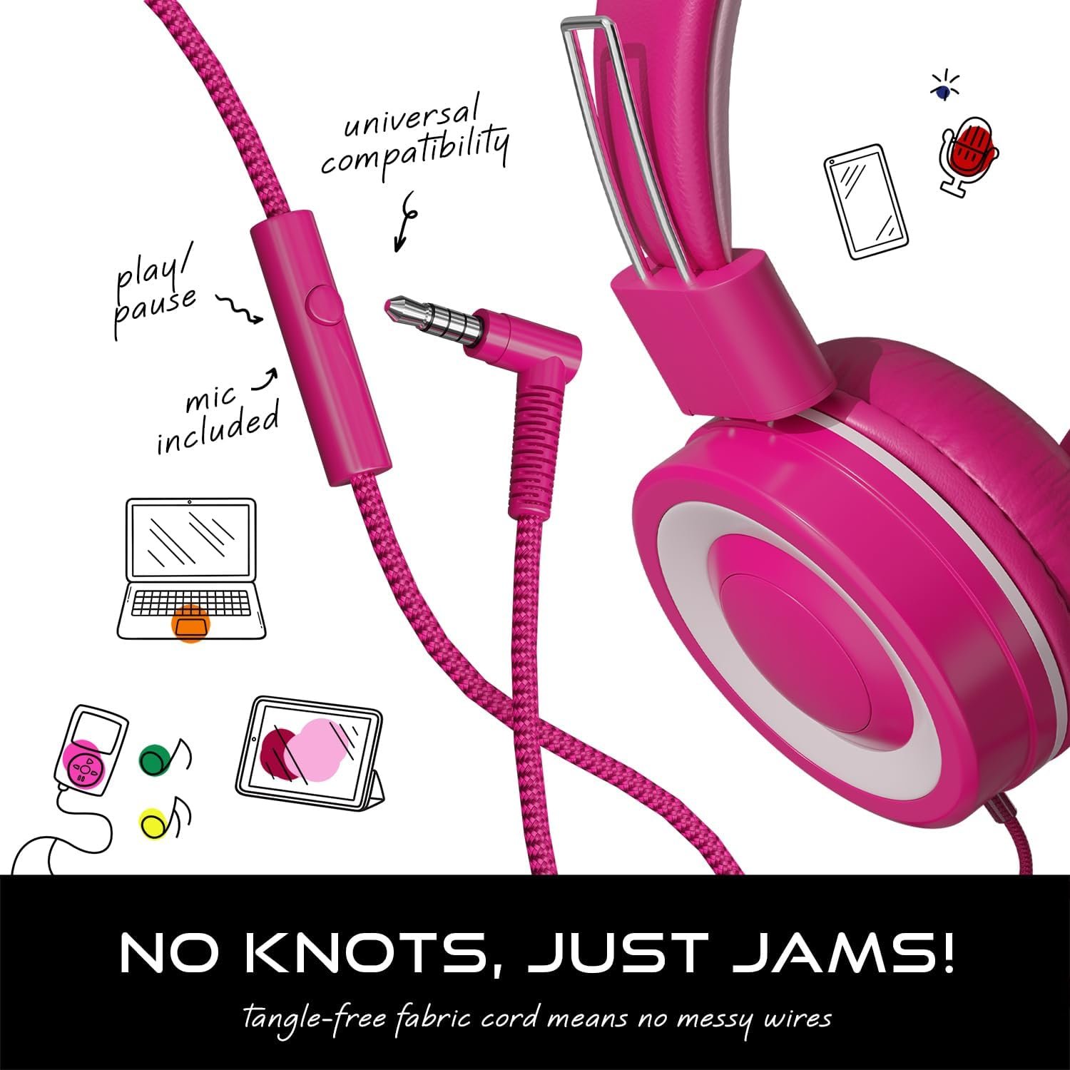 MYZI キッズヘッドフォン コード付き折りたたみ式オーバーイヤーヘッドフォン マイク付き もつれ防止 有線 85dB 安全音量 幼児用ヘッドフォン iPad、学校、飛行機用 - ピンク - 이미지 5