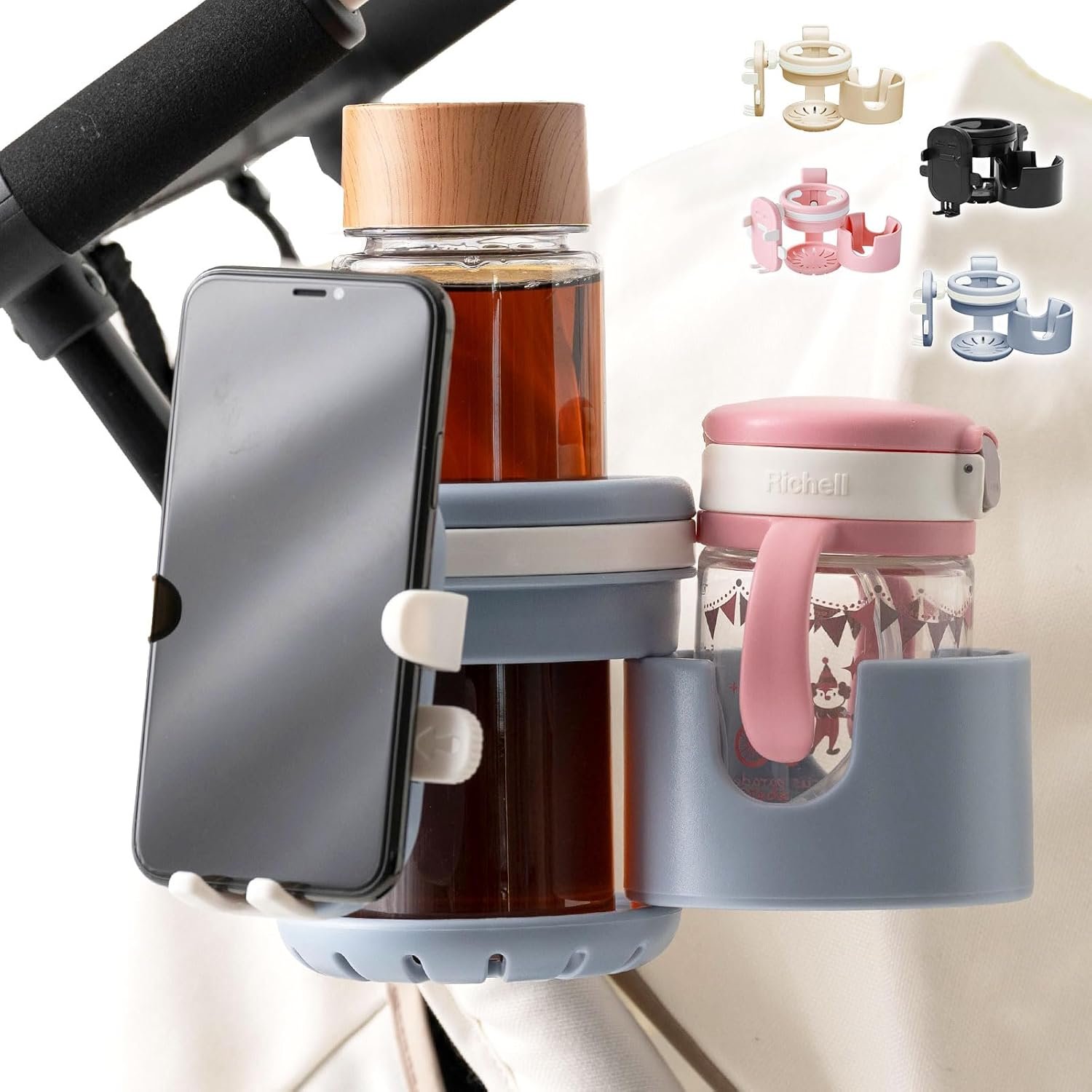 Plunmoln ベビーカー ドリンクホルダー 2個セット カップホルダー ボトルホルダー スマホホルダー ドリンクホルダー 取付簡単 説明書付き (ブルー)