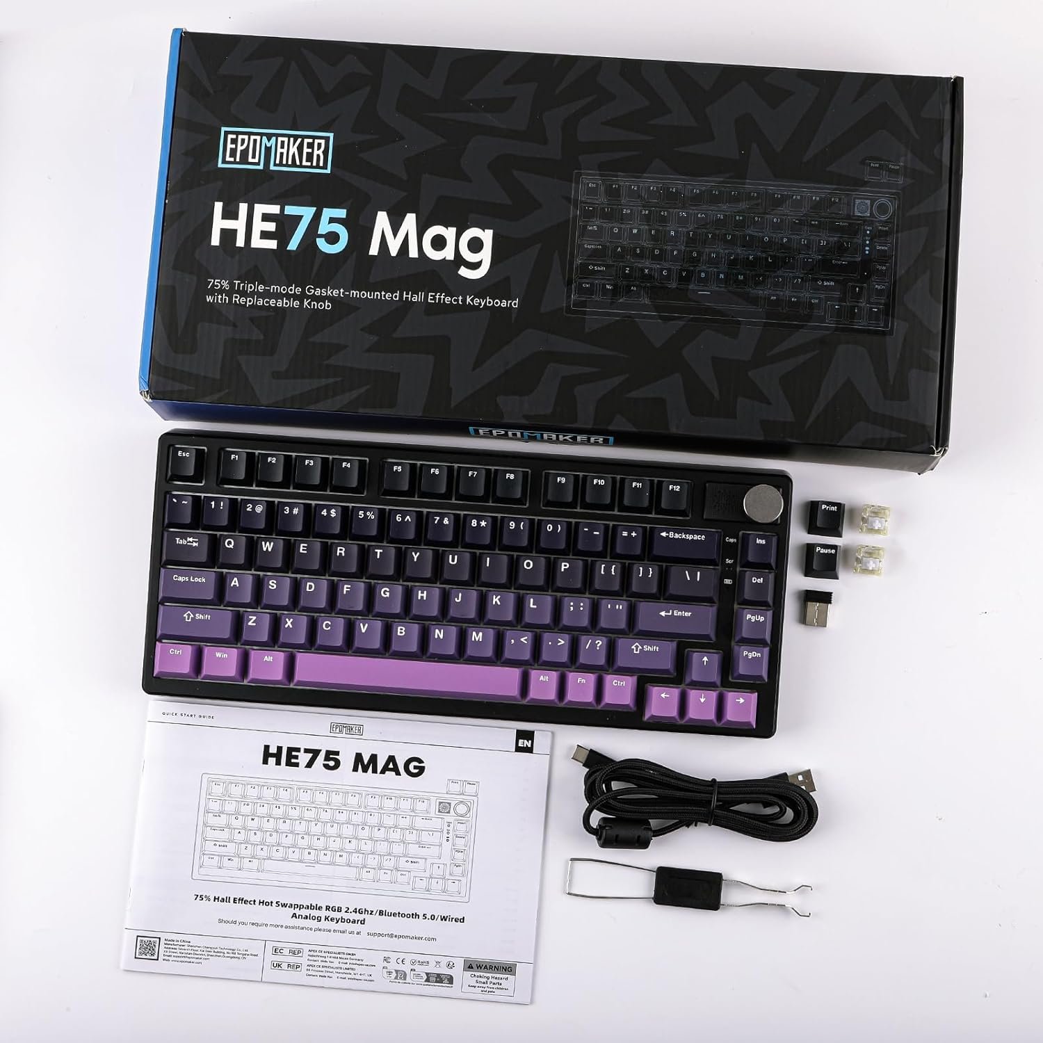 EPOMAKER HE75 Wireless Gaming Keyboard with Hall Effect Switch and Changeable Knob Module Adjustable Rapid Trigger Magnetic Keyboard 2.4G/Bluetooth Keyboard with RGB Backlight (Black Purple) - 이미지 8