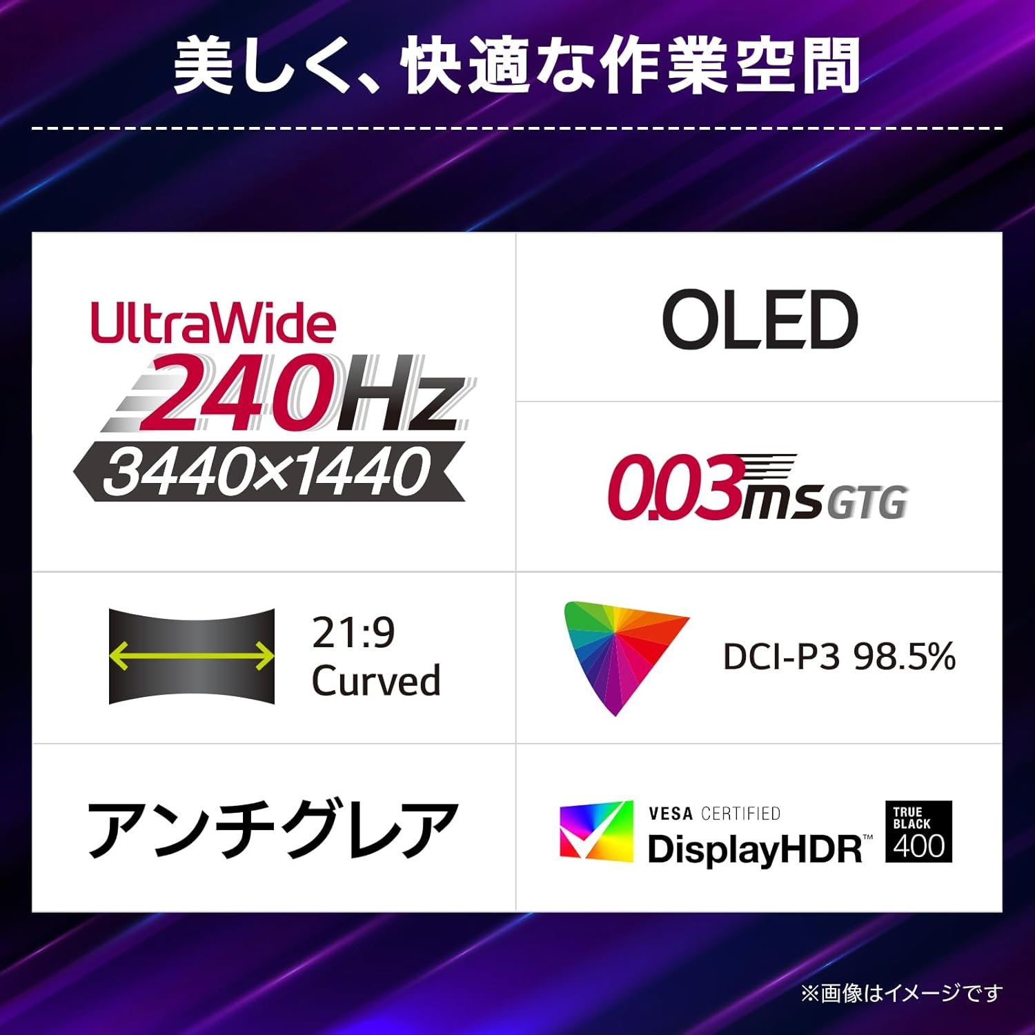 LG ゲーミングモニター UltraGear OLED 34GX90SA-W 34インチ/3440×1440/240Hz/OLED/0.03ms/webOS/DCI-P3 98.5%/DisplayHDR True Black 400/アンチグレア - 이미지 5