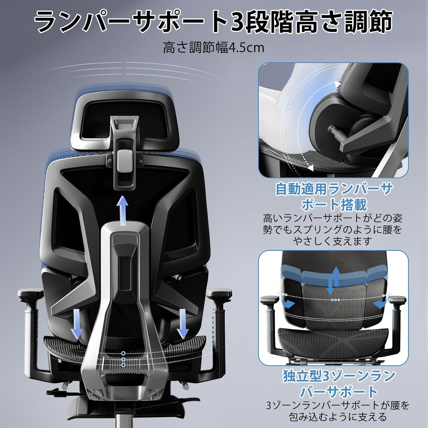 Goswave 人間工学に基づいた オフィスチェア 疲れにくい デスクチェア ゲーミングチェア ハイバック 3ゾーンランバーサポート搭載 座面スライド 3Dヘッドレスト 3Dアームレスト 背もたれ調整 リクライニング 通気性 H-WY07 - 이미지 4