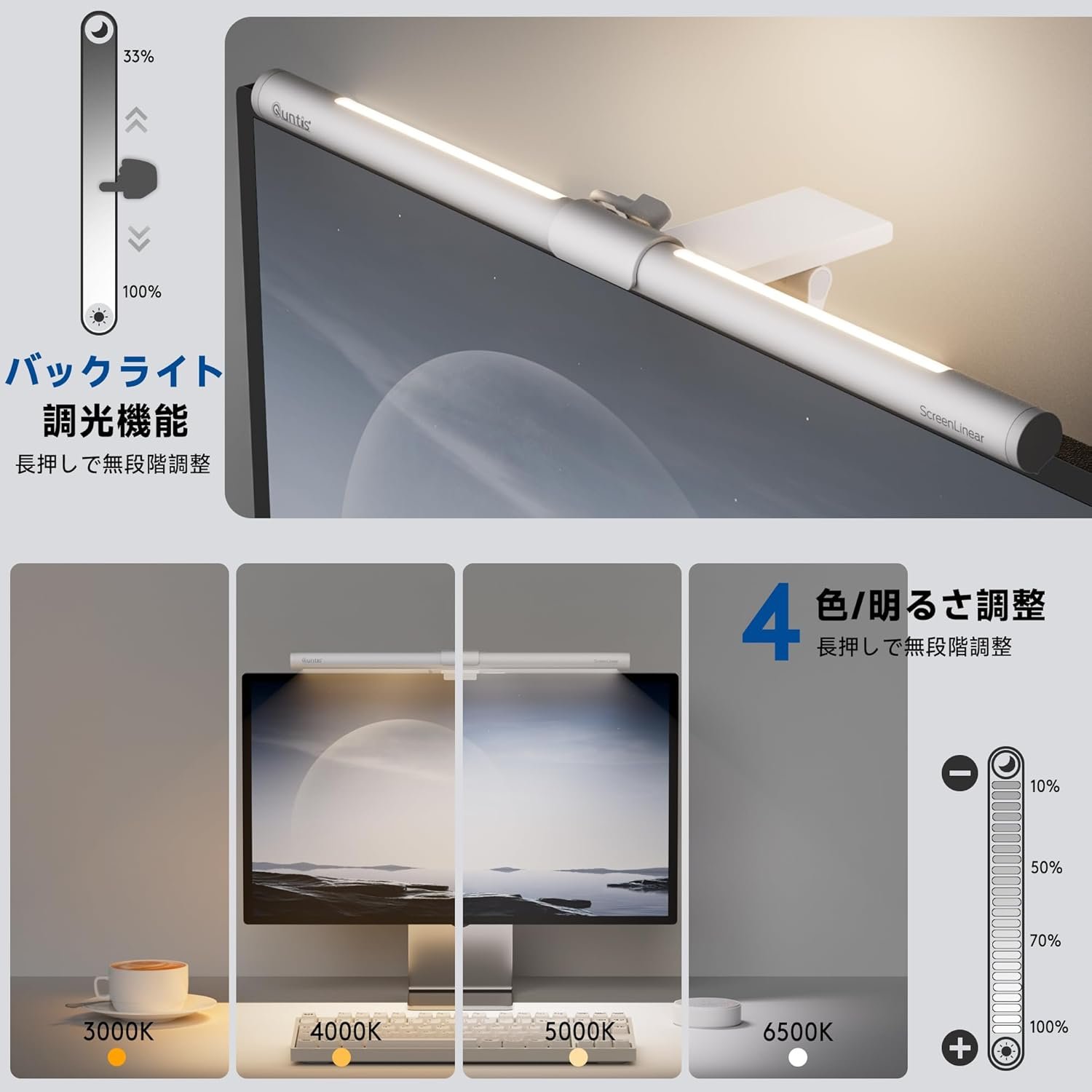 Quntis Monitor Light、USB搭載、デスクライト、目に優しい、反射防止、調整可能な色温度、CRI> 95、曲線モニター、ワイヤレスリモコン、ホームワーク、ゲーム、スタディ、ギフト用 - 이미지 2