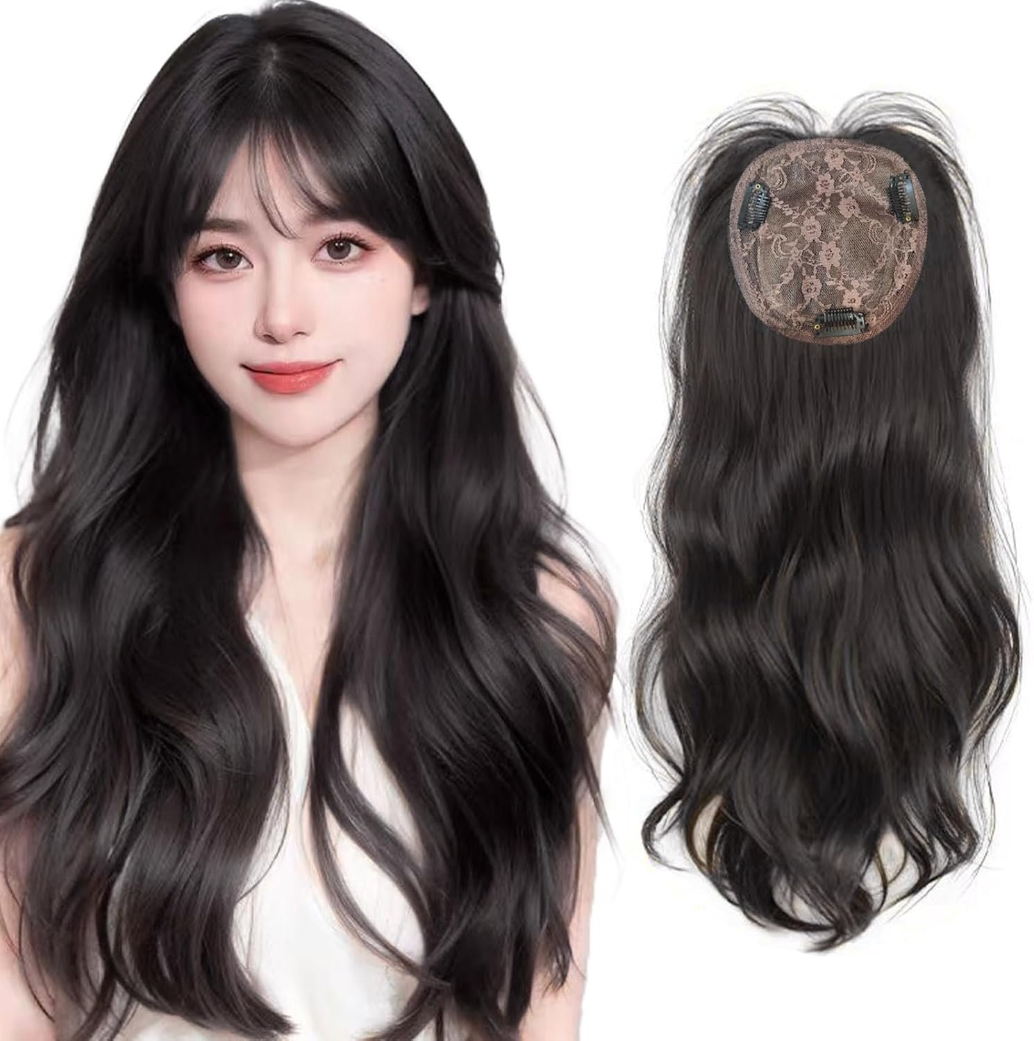 横仙 ヘアピース トップ部分 ウィッグ ロング カール 50cm エクステ フルウィッグ 前髪ウィッグ 女装 頭頂部 つけ毛 ウィッグ レディース ロングウィッグ ワンタッチウィッグ コスプレ ロングヘア 医療用ウィッグ ブラック