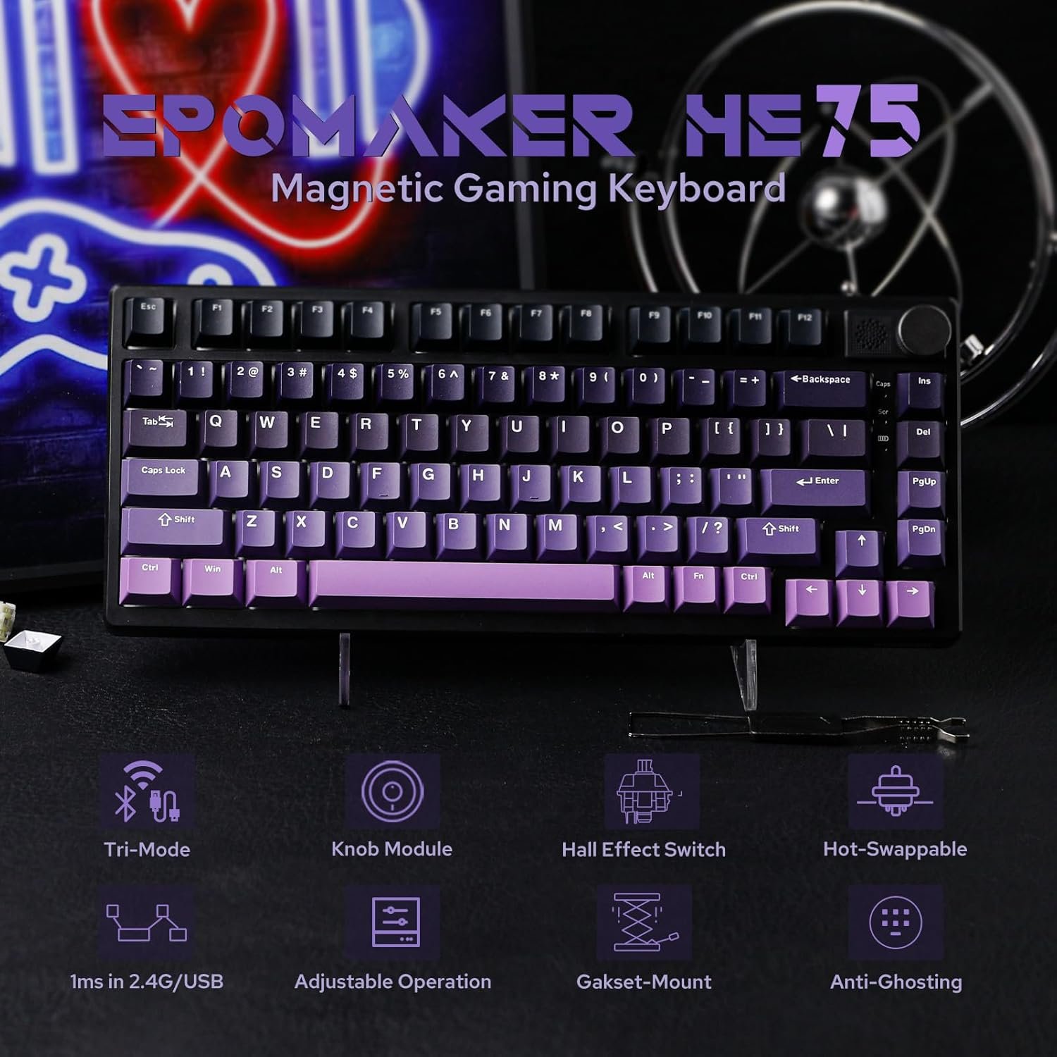 EPOMAKER HE75 Wireless Gaming Keyboard with Hall Effect Switch and Changeable Knob Module Adjustable Rapid Trigger Magnetic Keyboard 2.4G/Bluetooth Keyboard with RGB Backlight (Black Purple) - 이미지 2