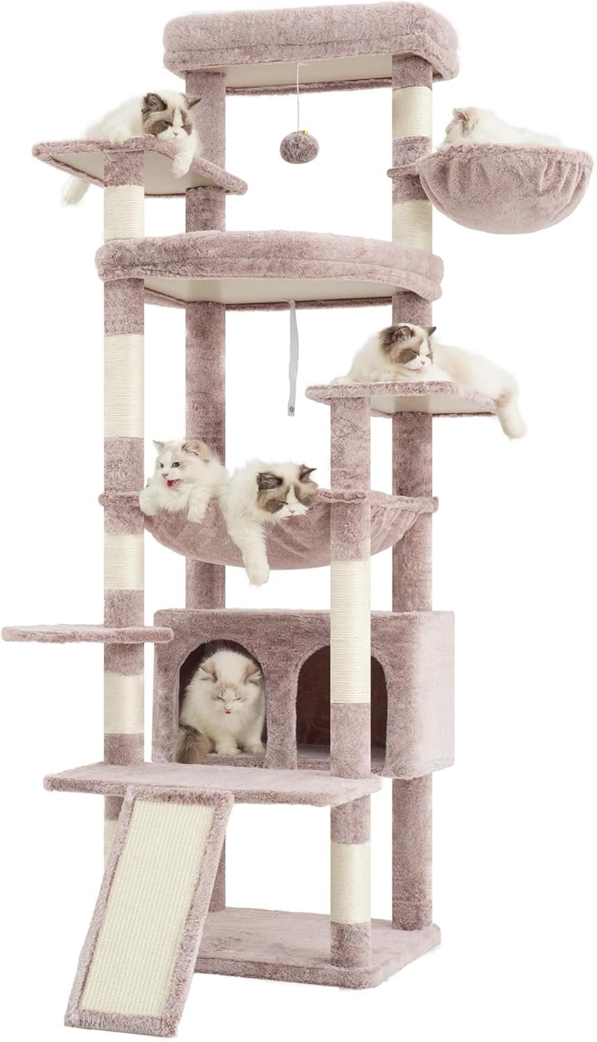 Heybly キャットタワー 大型猫用 高さ202cm 据え置き型 多頭飼いに最適 安定性が高い 超大型ファンプラットフォーム&広々吊り下げベッド付き 猫 HCT038MU