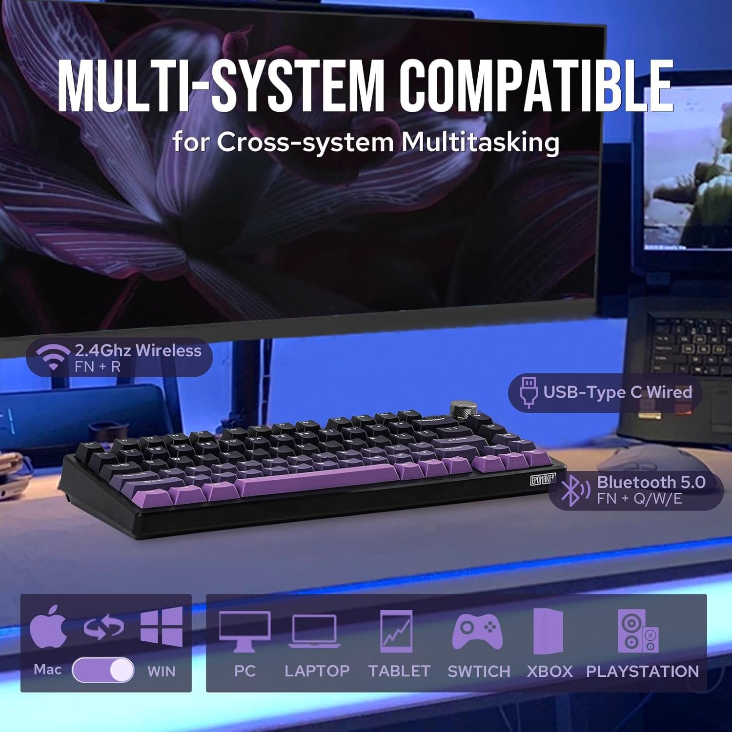 EPOMAKER HE75 Wireless Gaming Keyboard with Hall Effect Switch and Changeable Knob Module Adjustable Rapid Trigger Magnetic Keyboard 2.4G/Bluetooth Keyboard with RGB Backlight (Black Purple) - 이미지 3