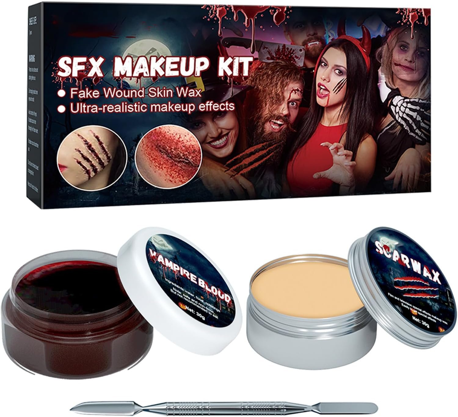 ハロウィンメイクアップキット – スカーワックス付きハロウィーン特殊効果メイクアップキット、大人用のリアルなボディペインティング、男性と女性用のゾンビの鼻と傷のコスチューム、カーニバルやトリックオアに最適 - 이미지 7