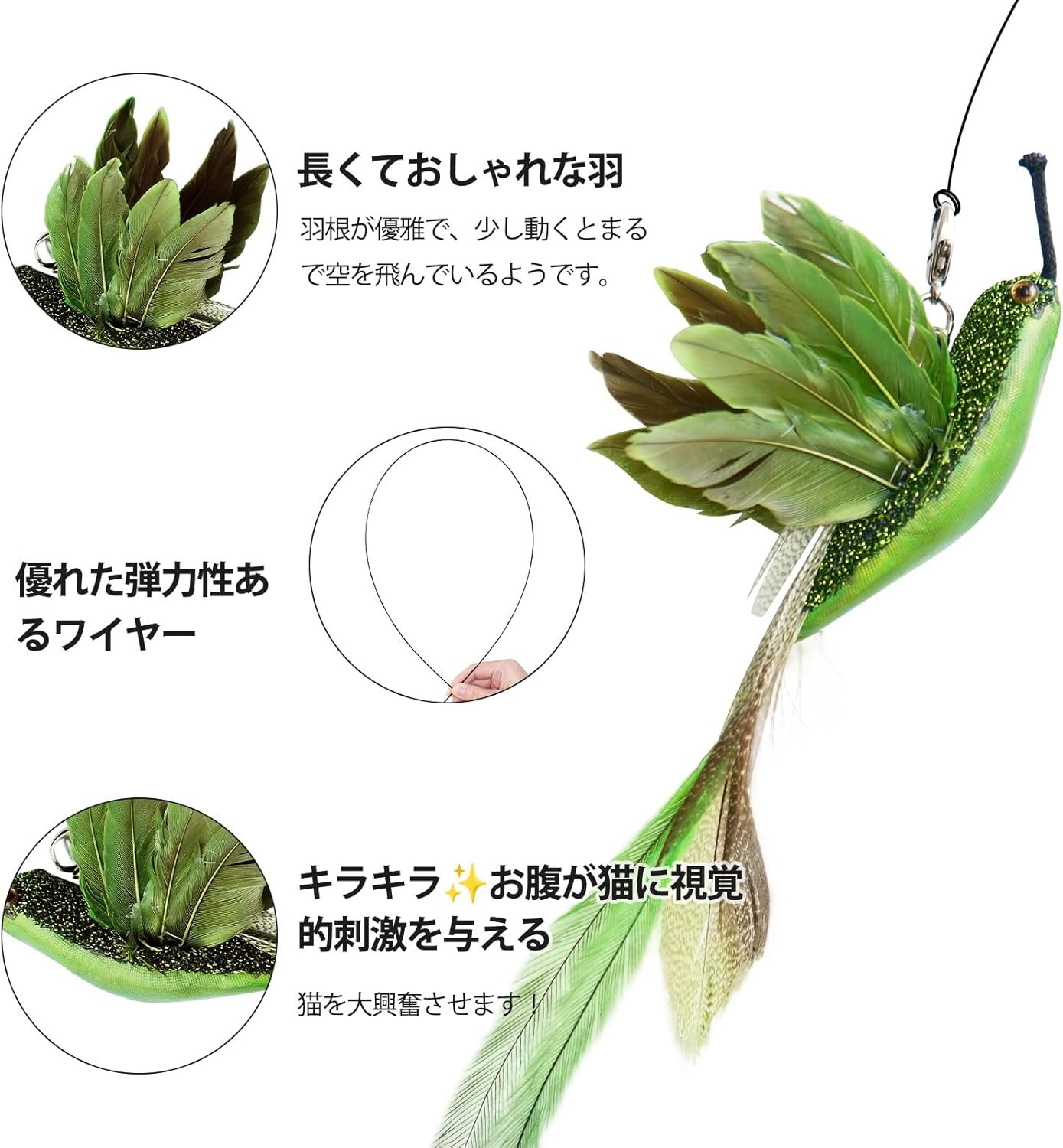 GHOSTCAT 猫おもちゃ ハチドリ 猫おもちゃ 天然羽根 猫おもちゃ 猫指 一人遊び 鈴付き 釣り竿付き 耐久性 運動不足解消 猫おもちゃ ペット用品 グリーン - 이미지 4