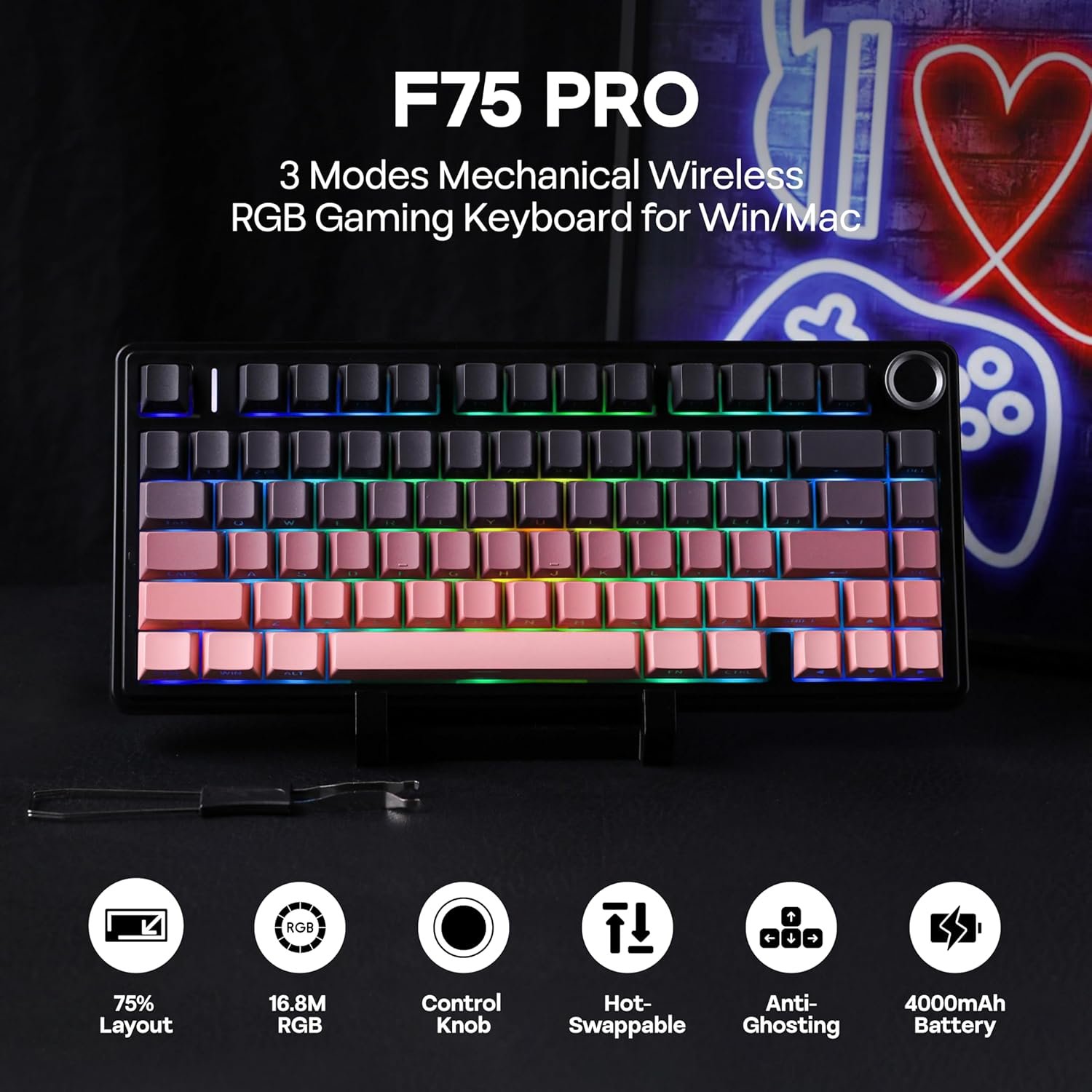 Mechlands Aula F75 Pro 75%Compact Custom Mechanical Keyboard Creamy Sound)BT5.0/USB-C/2.4GHzワイヤレスゲームキーボード付きホットスワップサポートノブRGB REAPERスイッチWIN/MAC - 이미지 2