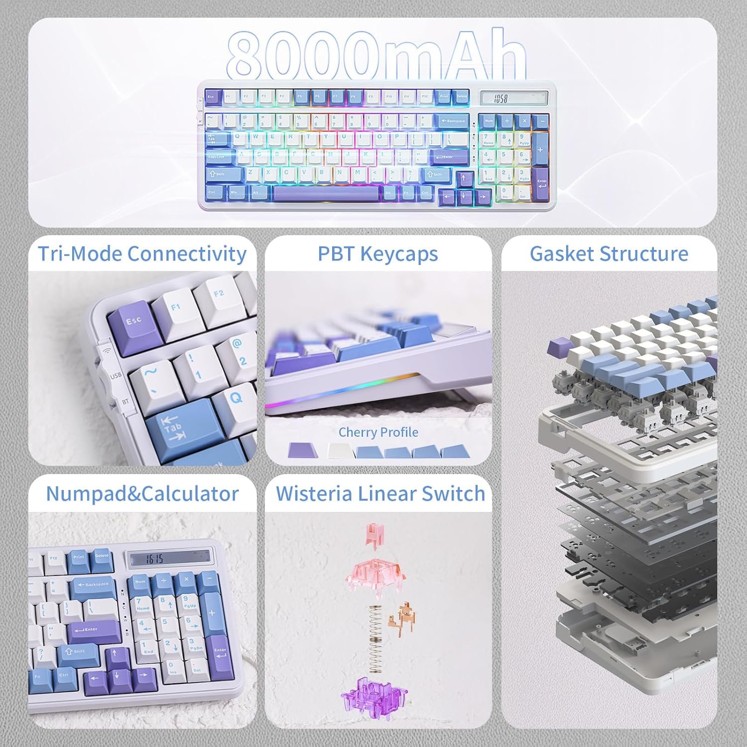 EPOMAKER Cypher 96 Wireless Gaming Keyboard 8000mAh Battery Hot Swap Creamy Keyboard with Numeric Keypad and Calculator RGB Backlight NKRO Certified for Gaming Office (Flamingo Switch) - 이미지 2