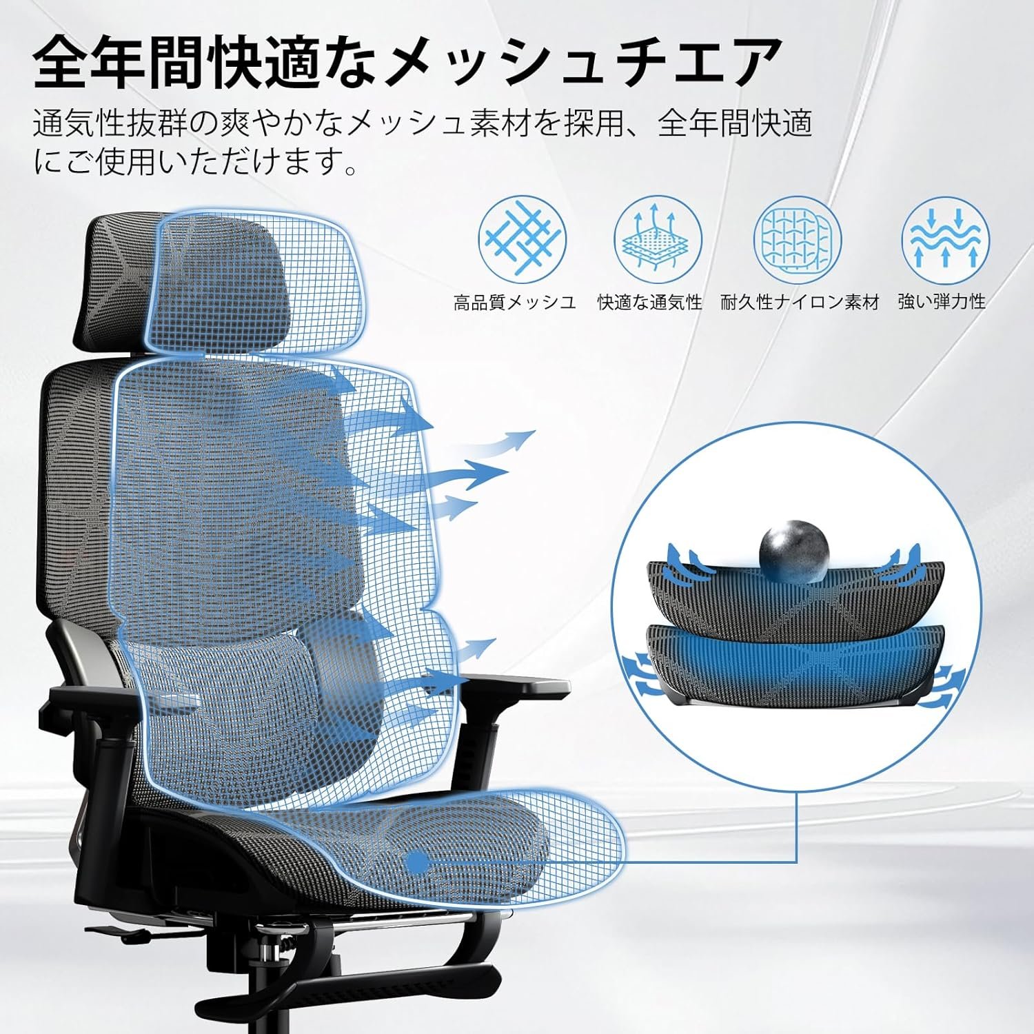 Goswave 人間工学に基づいた オフィスチェア 疲れにくい デスクチェア ゲーミングチェア ハイバック 3ゾーンランバーサポート搭載 座面スライド 3Dヘッドレスト 3Dアームレスト 背もたれ調整 リクライニング 通気性 H-WY07 - 이미지 8