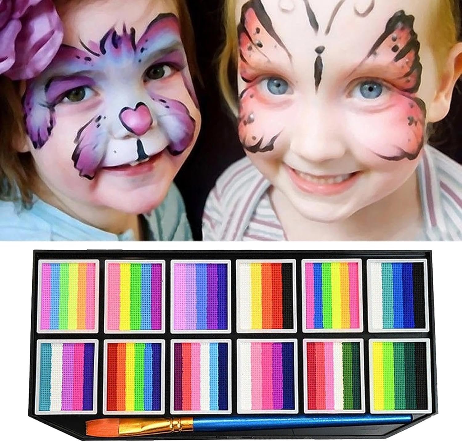フェイスペインティングキット 大人用プロフェッショナルボディペイント |水性 洗える 長持ち 12 グリッド フェスティバル スポーツ シアター ガールズ コスプレ 女性 ハロウィン フェイスペインティング キット ブラシ メイクアップ マーカー付き - 이미지 8