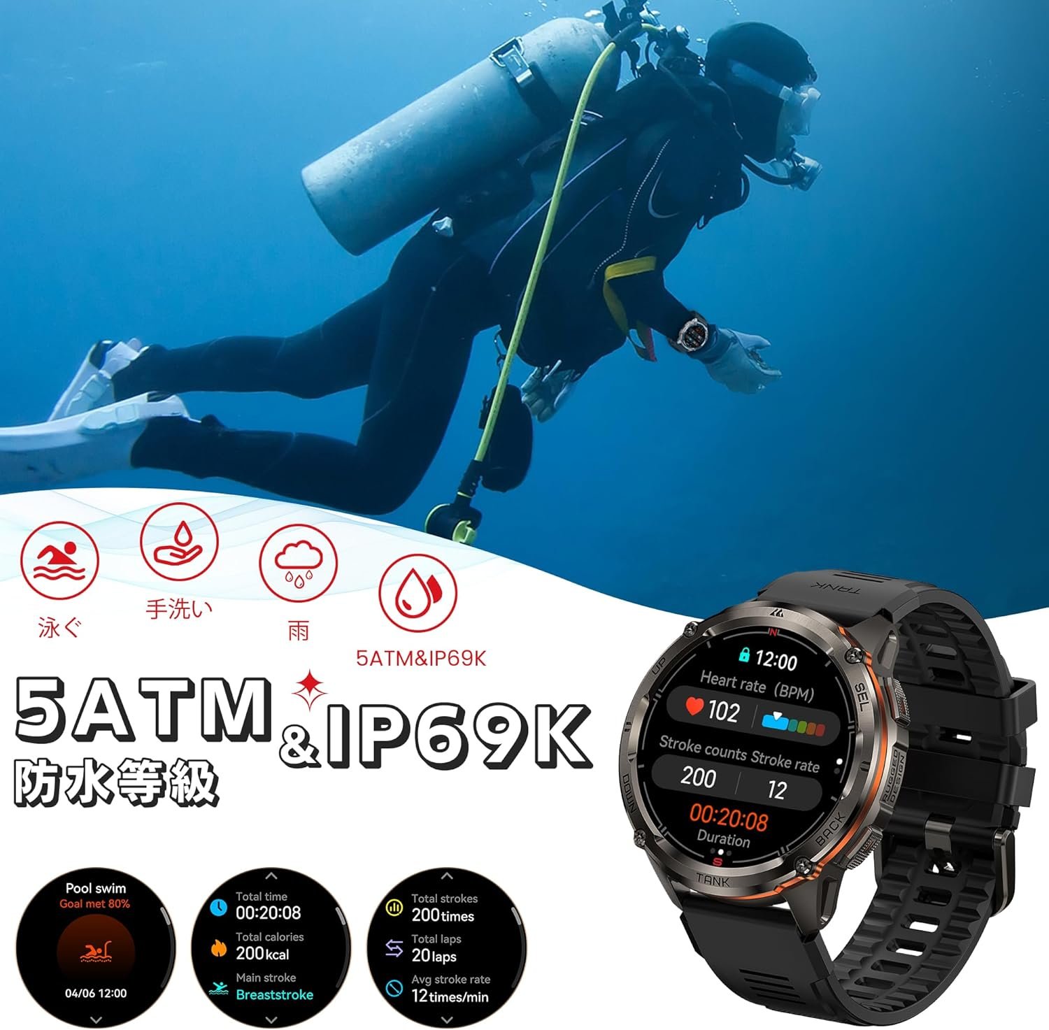 KOSPET Tank T3 Ultra 2 スマートウォッチ メンズ GPSスマートウォッチ Bluetooth通話機能 470mAhバッテリー 5ATM&IP6K防水 フルステンレスボディ 軍用仕様 1.43インチAMOLED - 이미지 6