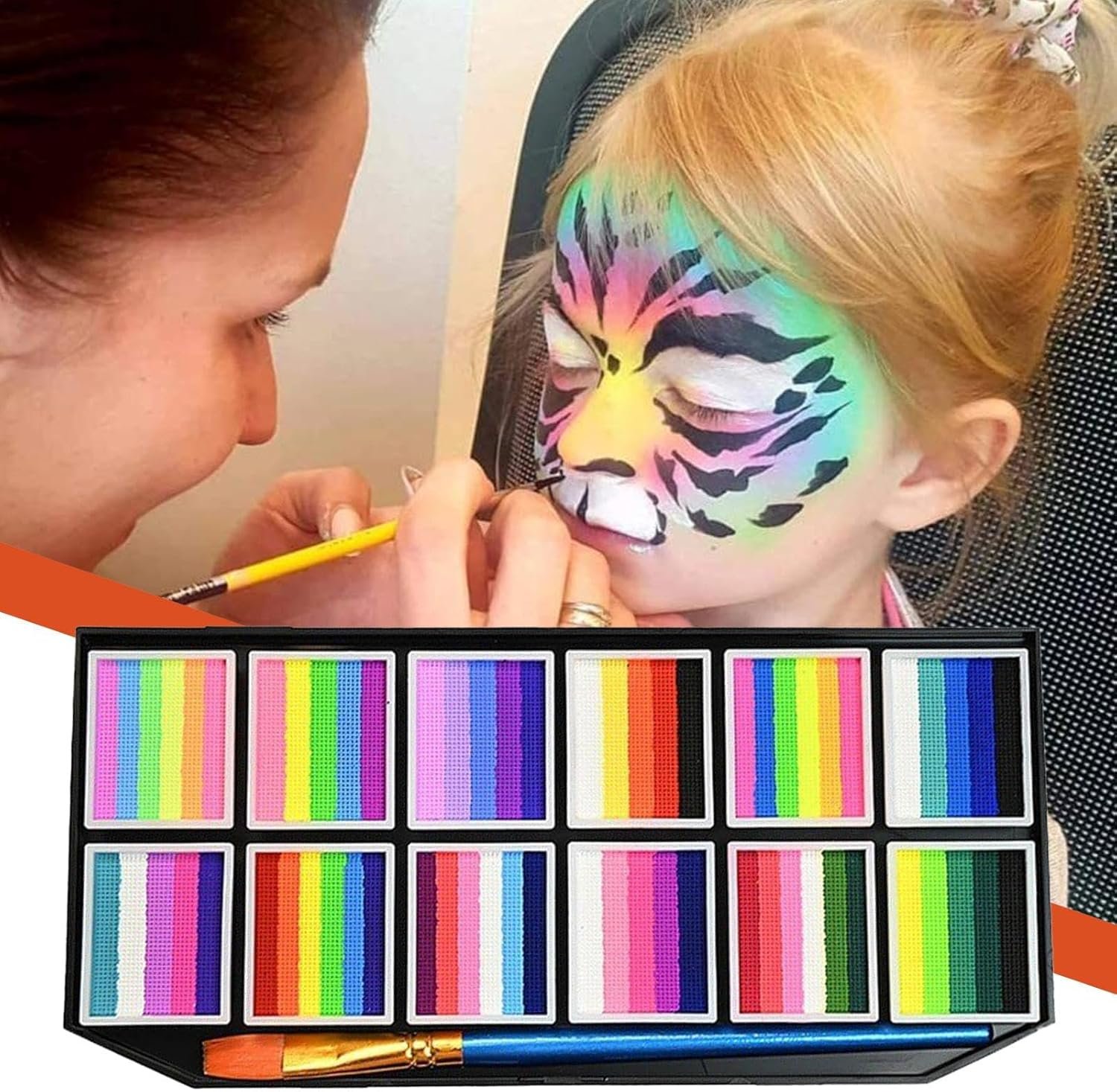 フェイスペインティングキット 大人用プロフェッショナルボディペイント |水性 洗える 長持ち 12 グリッド フェスティバル スポーツ シアター ガールズ コスプレ 女性 ハロウィン フェイスペインティング キット ブラシ メイクアップ マーカー付き - 이미지 9