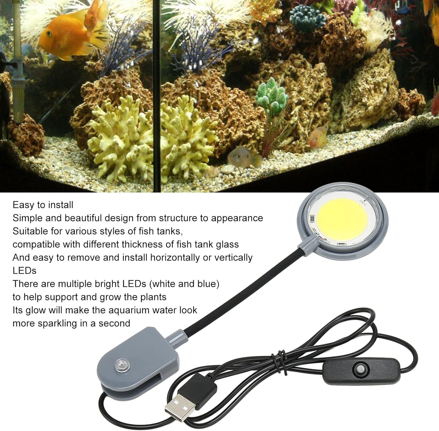 クリップ式水槽ライト 高輝度LED水槽ランプ 360度調節可能なホース付き 淡水・海水・植物育成用 ソフトライト プラスチック ホワイトブルー - 이미지 6